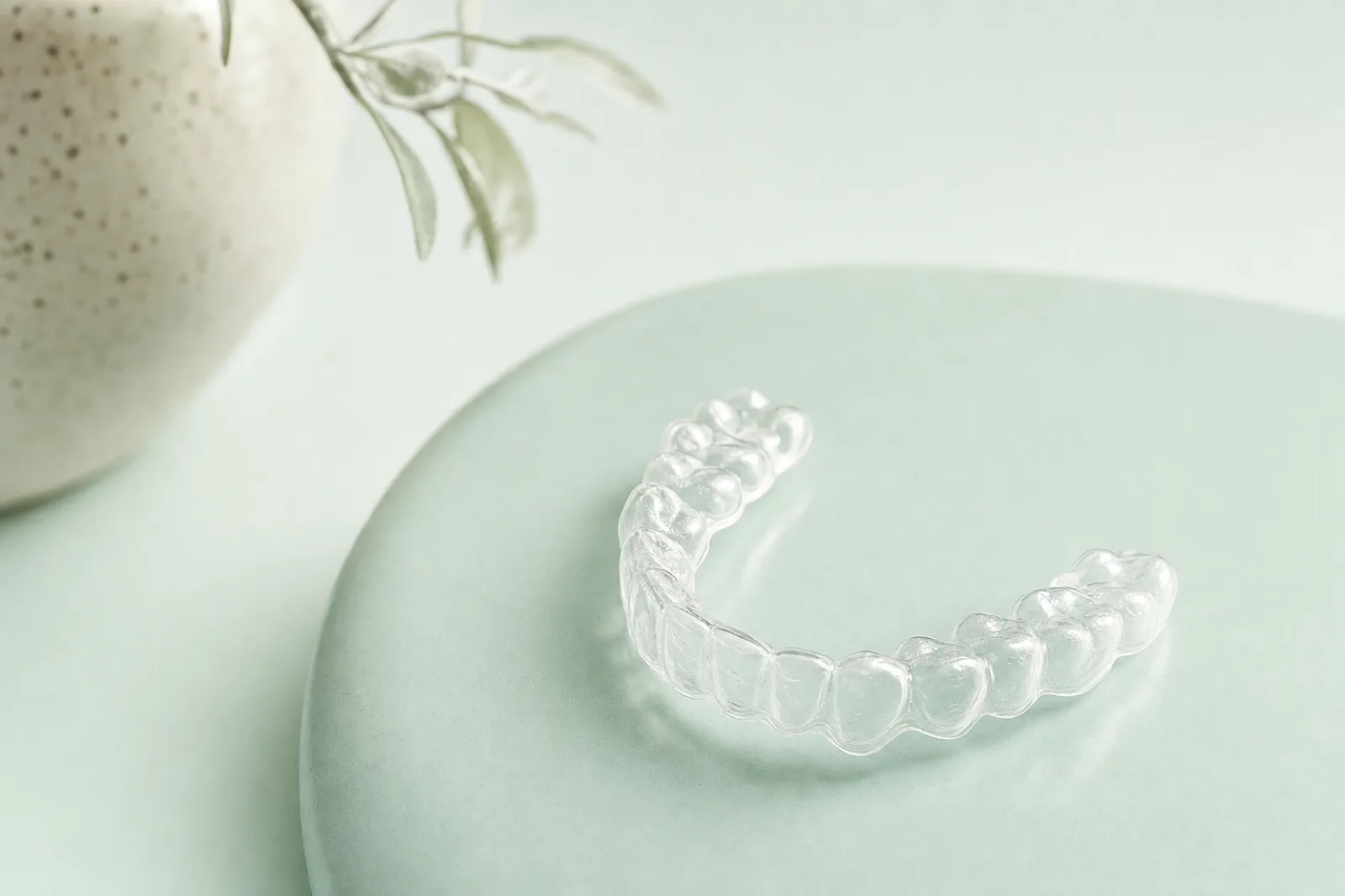 A clear dental aligner on a pale mint surface
